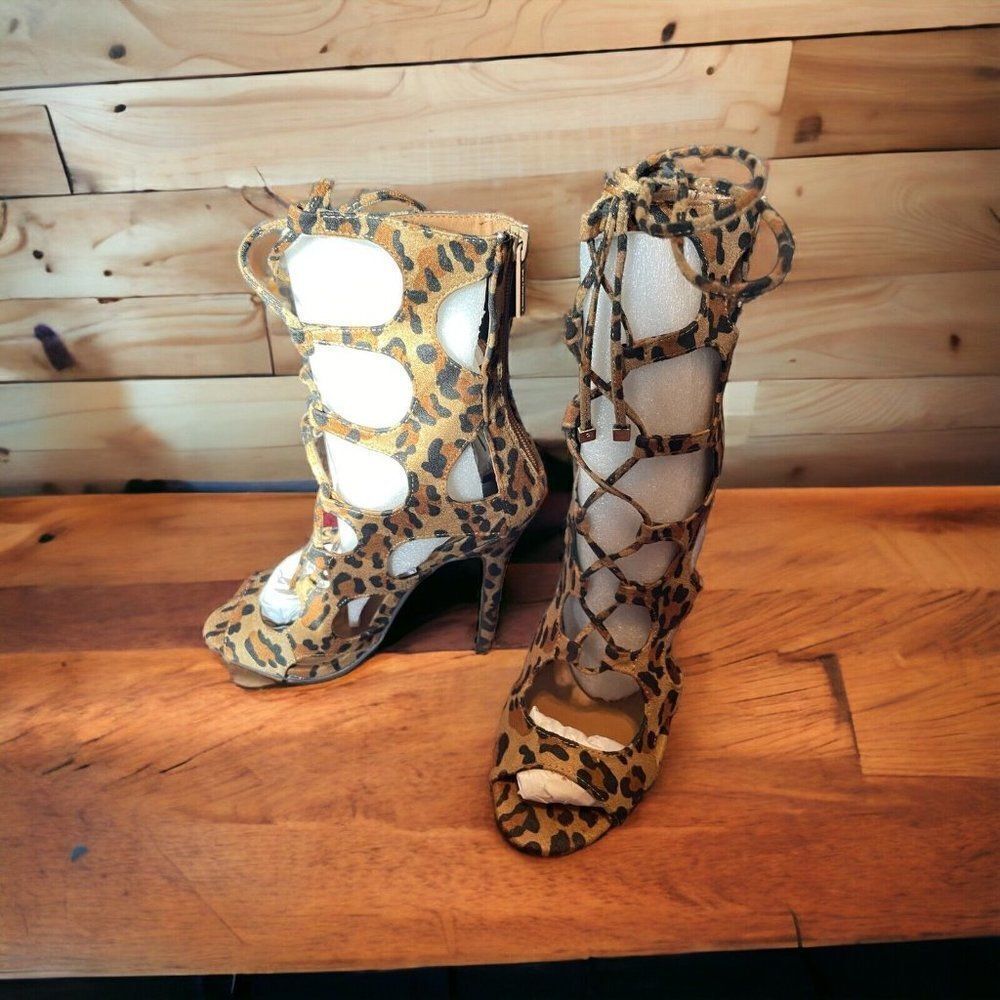 Breckelles Roma-51 Leopard Faux Suede Lace Up Stiletto Sandal Strappy Sandals - Picture 4 of 8